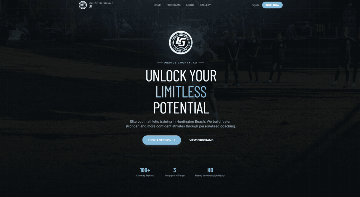 LG Athletic Performance training facility website screenshot