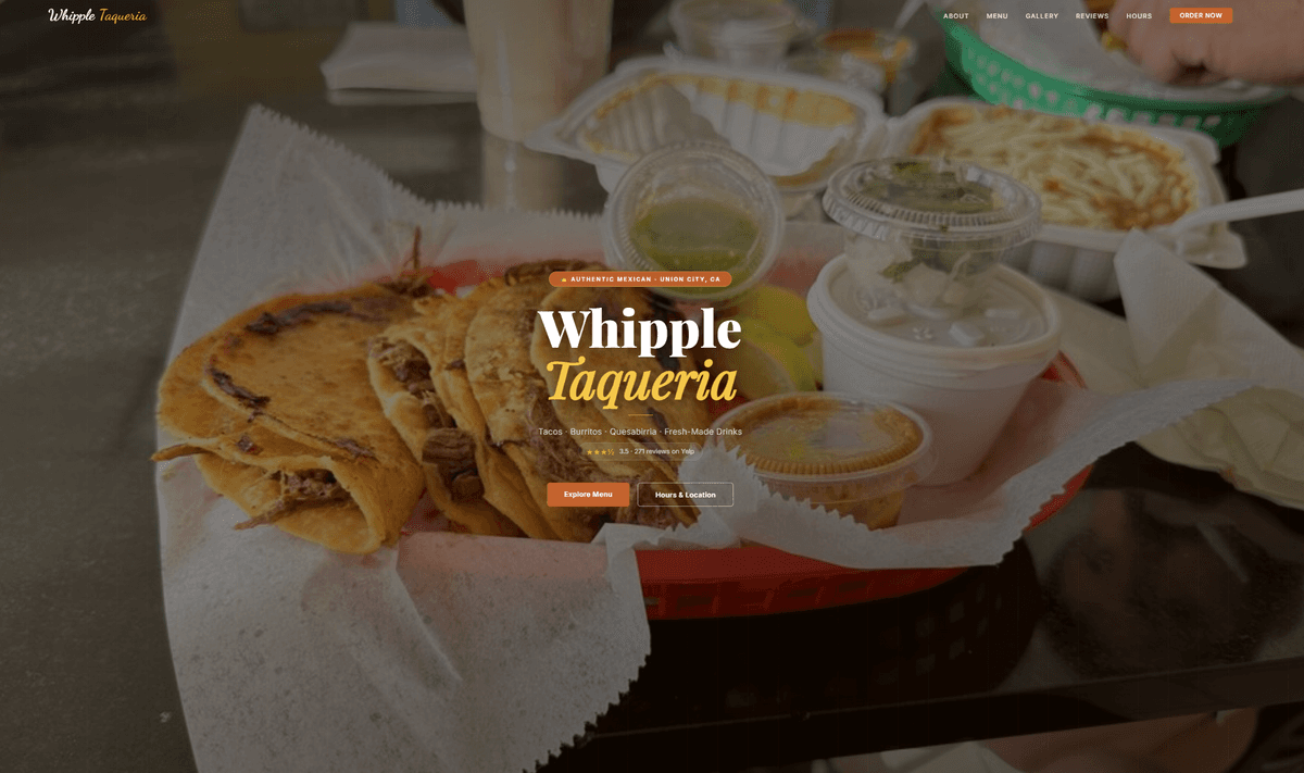 Whipple Taqueria restaurant website screenshot