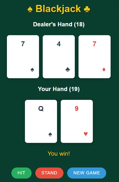 BlackJack browser card game screenshot
