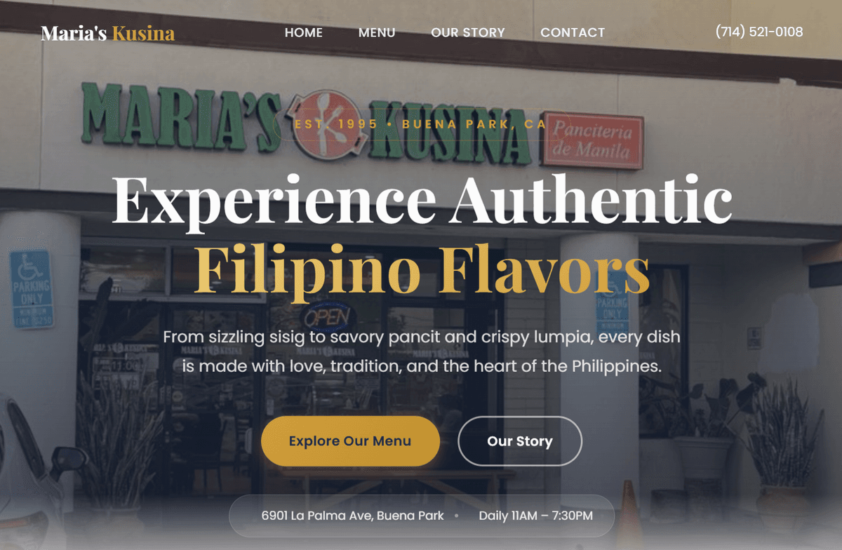 Maria's Kusina Filipino restaurant website screenshot